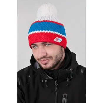 Čepice R-JET Pánská zimní pletená čepice s bambulí a barevnými pruhy červená-modrá-bílá