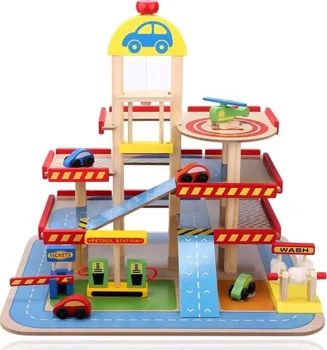 Dřevěná hračka Eco Toys HM013290 dřevěná patrová garáž s výtahem, heliportem a dalším příslušenstvím