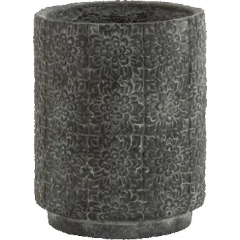 Květináč Šedý betonový květináč zdobený květinami - Ø 23*29 cm