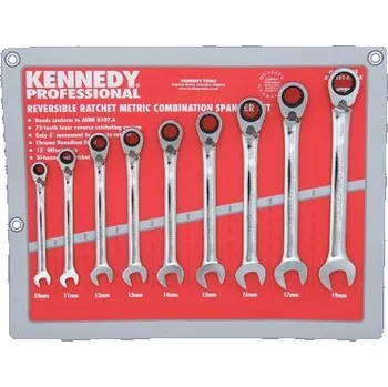 Klíč Sada očkoplochých ráčnových klíčů přepínacích 9 ks KEN5826796K (Jsou vyrobené z chrom-vanadiové oceli a povrchově leštěné. Kvalitní povrchová úprava zabraňuje ulpívání oleje a nečistot na klíčích, usnadňuje jejich čištění a zabruňuje korozi. 72-zubový ráč