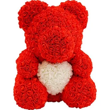 plyšák Rose Bear Červený medvídek z růží s bílým srdcem 38 cm