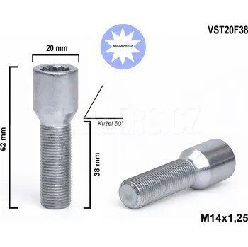 Šroubek na kolo Kolový šroub M14x1,25x38 kuželový s vnitřním mnohohranem, VST20F38, průměr hlavy 20mm, výška 62 mm