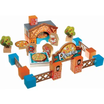 Dřevěná hračka CUBIKA Pizzeria - dřevěná stavebnice s kartonovými doplňky