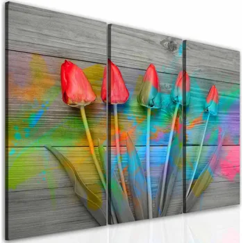Malvis ® Třídílný obraz tulipány na dřevě Velikost: 120x90 cm
