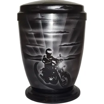 Smuteční dekorace Urna hliníková, motorkář černostříbrný
