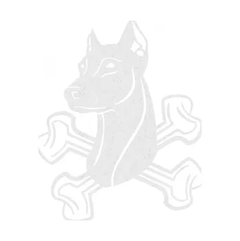 Polep vozidla SAMOLEPKA Pes 114 levá dobrman se zkříženými kostmi (84 - Ultra Metalic bílá) NA AUTO, NÁLEPKA, FÓLIE, POLEP, TUNING, VLASTNÍ TEXT, TISK, AUTOSAMOLEPKY.cz, POLEPY, OBRÁZEK, LOGO, SAMOLEPKY