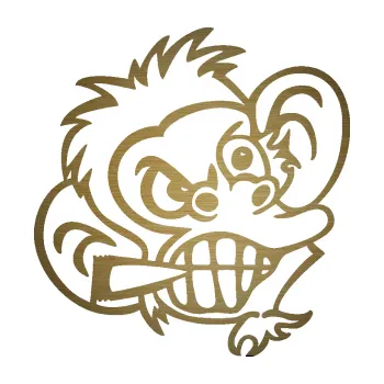 Samolepicí dekorace na vozidlo Opičák 001 pravá s cigaretou (64 - škrábaný kov zlatý) SAMOLEPKA NA AUTO, NÁLEPKA, FÓLIE, POLEP, TUNING, VLASTNÍ TEXT, TISK, AUTOSAMOLEPKY.cz, POLEPY, OBRÁZEK, LOGO, 3D STICKERS