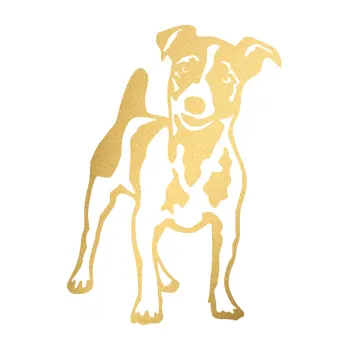 samolepka Pes 144 pravá Jack Russel terier (43 - zlatá metalíza) SAMOLEPKA NA AUTO, NÁLEPKA, FÓLIE, POLEP, TUNING, VLASTNÍ TEXT, TISK, AUTOSAMOLEPKY.cz, POLEPY, OBRÁZEK, LOGO, 3D STICKERS