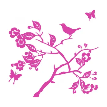 Samolepící dekorace Interiér 005 levá větvička s ptáčkem a motýlky (16 - růžová) SAMOLEPKA NA AUTO, NÁLEPKA, FÓLIE, POLEP, TUNING, VLASTNÍ TEXT, TISK, AUTOSAMOLEPKY.cz, POLEPY, OBRÁZEK, LOGO, 3D STICKERS