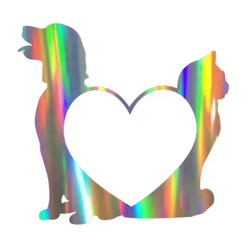 Samolepicí dekorace na vozidlo Pejsek a kočička love levá (93 - Holografická) SAMOLEPKA NA AUTO, NÁLEPKA, FÓLIE, POLEP, TUNING, VLASTNÍ TEXT, TISK, AUTOSAMOLEPKY.cz, POLEPY, OBRÁZEK, LOGO, 3D STICKERS