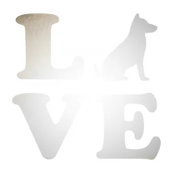 Polep vozidla SAMOLEPKA Love nápis s pejskem (82 - odrazková reflexní bílá) NA AUTO, NÁLEPKA, FÓLIE, POLEP, TUNING, VLASTNÍ TEXT, TISK, AUTOSAMOLEPKY.cz, POLEPY, OBRÁZEK, LOGO, SAMOLEPKY