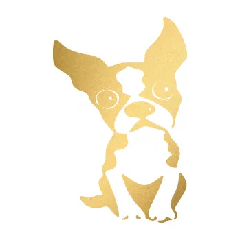 samolepka Pes 135 pravá bostonský teriér (43 - zlatá metalíza) SAMOLEPKA NA AUTO, NÁLEPKA, FÓLIE, POLEP, TUNING, VLASTNÍ TEXT, TISK, AUTOSAMOLEPKY.cz, POLEPY, OBRÁZEK, LOGO, 3D STICKERS