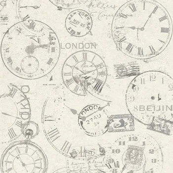 Tapeta Vliesová tapeta vintage nápisy, města, hodiny, bílá barva 649208 / Vliesové tapety na zeď Andy Wand (0,53 x 10,05 m) Rasch