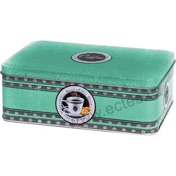 Dóza na potraviny COFFEE BREAK zelenošedá plechová dóza na sušenky 7311 šálek s kávou a puntíky