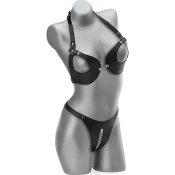 KOŽENÁ SADA BDSM PODPRSENKA S ODHALENÝM POPRSÍM + TANGA S ŘETÍZKEM -