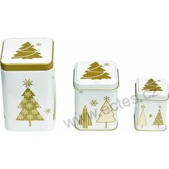 Dóza na potraviny GLORIA bílá plechová dóza na čaj 3392 se zlatými stromky a vločkami