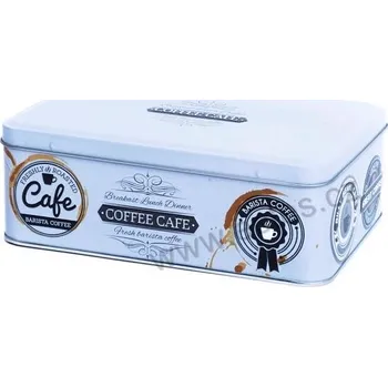 Dóza na potraviny BARISTA šedá plechová dóza na sušenky 7311 černé a hnědé kávové motivy