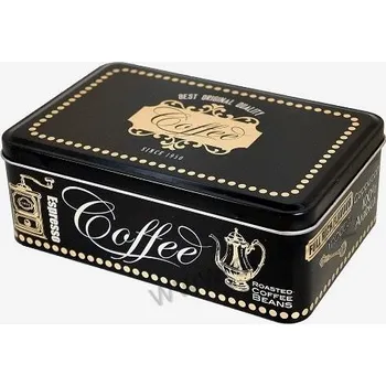 Dóza na potraviny BLACK COFFEE černá plechová dóza na sušenky 7311 zlatá konvička a mlýnek s nápisy