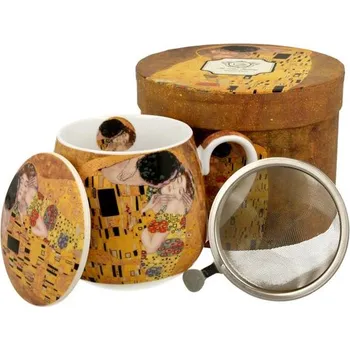DUO Gifts DG - Porcelánový hrnek buclák s víčkem a kov. sítkem G. Klimt THE KISS v dárkové krabičce - 430 ml