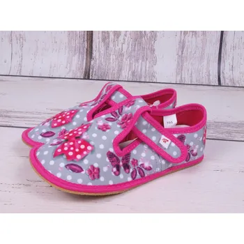 Dívčí bačkory Bačkůrky capáčky balerínky BAREFOOT EF 395 Butterfly šedorůžové s motýlky a puntíky velikost: 33