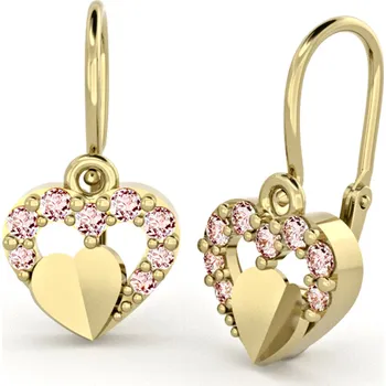 Náušnice Dětské náušnice ze žlutého zlata - srdíčka s růžovými zirkony a srdíčkem