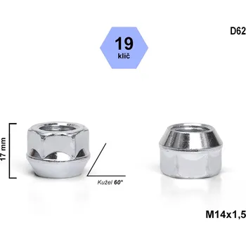 Matice na kolo Kolová matice M14x1,5 kužel otevřená, klíč 19 , D62, výška 17 mm