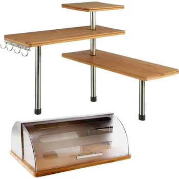 chlebník Bambusová kuchyňská sada: rohová police 3 úrovně, 4 háčky + chlebník, Secret de Gourmet