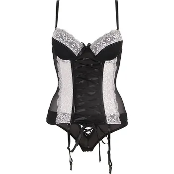 Dámský erotický korzet Krajkovaný korzet s podvazky – černý s bílou (NOVÉ BARVY!)