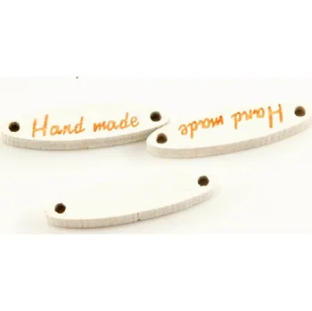 Našívací dřevěná cedulka Hand made - bílá - rozměr 2,7 cm x 0,7 cm