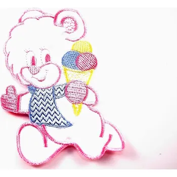 Látková záplata Našívací záplata - Medvídek se zmrzlinou - růžová, modrá, bílá, žlutá - rozměr 12 cm x 7 cm
