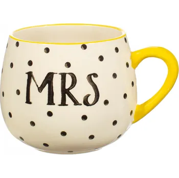 Sass & Belle Krémový puntikovaný hrnek se žlutým uchem a nápisem MRS