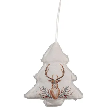 Vánoční dekorace Vánoční béžový látkový stromeček s jelenem - 10*1*11 cm