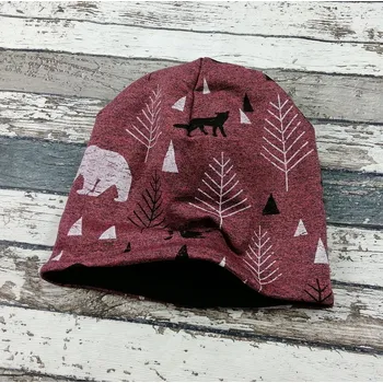 Kojenecká čepice Yháček Šmoulí čepička Yháček, Lesní zvěř na vínovém melíru Velikost:: XS