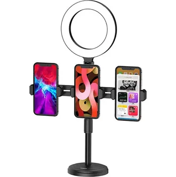 Selfie tyč Kruhové světlo pro nahrávání videa / Vlog / Držák živého přenosu pro 3 smartphony + LED kruhové světlo KAKU Live Desktop (KSC-469) černý
