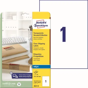 Samolepící etiketa Avery Zweckform J8567-25 Transparentní PET etikety A4 pro Inkjet 210x297 mm, 25 ks, mléčné + online software pro tisk etiket + tisková šablona ke stažení zdarma