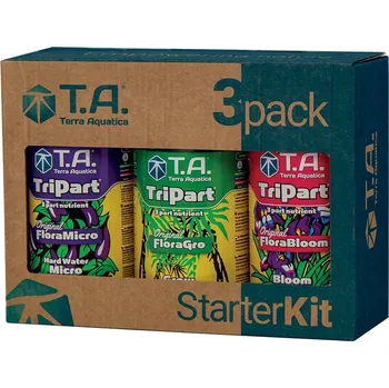Hnojivo T.A. StarterKit TriPart Flora Hard Water, sada hnojiv (Tripack Flora Hard Water je trojbalení, obsahující 500ml FloraGro, 500ml FloraBloom, 500ml FloraMicro, pH Test Kit a suché pH-. Tato kombinace představuje ideální startovací set. Je určen pro tvrdou)