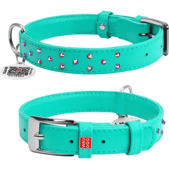 Vodítko pro psa Tyrkysový kožený obojek s kamínky 30-39 cm - 2.JAKOST (Kvalitní kožený tyrkysový obojek z pravé kůže. Délka je nastavitelná 30-39 cm a šířka je 20 mm. Obojek je zdobený kamínky a má kovovou přezku.)