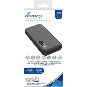 Powerbanka Power Bank Mediarange 20.000mAh Li-ion, 5V, 2x USB-A, 1x USB-C konektor, funkce rychlého nabíjení, LCD display MR756