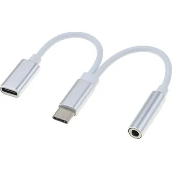 Kabel do PC PremiumCord převodník USB-C - jack 3,5mm, M/F, 10cm, bílá + konektor USB-C pro nabíjení
