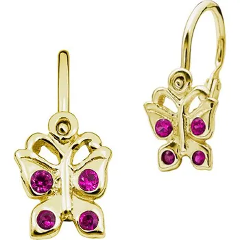Náušnice SOLUNA Něžné zlaté dětské náušnice s červenými zirkony BUTTERFLY žluté zlato