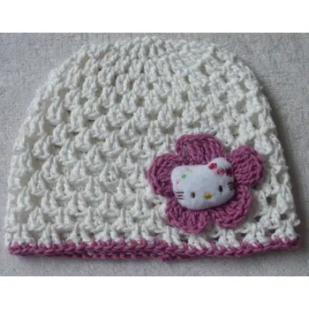 Čepice Bavlněná háčkovaná čepička - bílá/fialová s kočičkou> 44cm