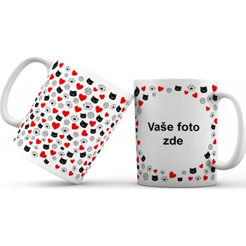 Hrneček s vlastní fotkou a kočičkami se srdíčky okolo (CELOPOTISK) - 330ml bílý Barva: Červená