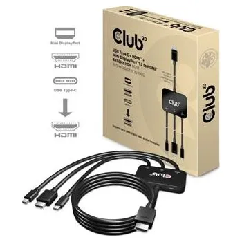 Video kabel Club3D adaptér aktivní USB Type-C + Mini DP 1.2 + HDMI na HDMI 4K60Hz HDR, M/M, 32AWG