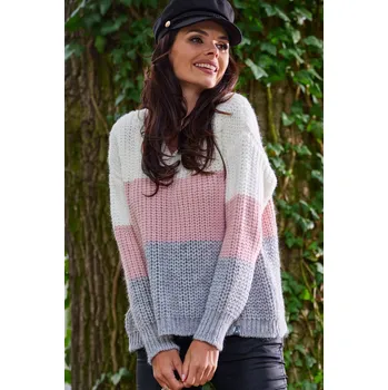 Dámský svetr Tříbarevný svetr s výstřihem do V A390 Barva: Růžová, Velikost: ONE SIZE