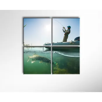 Obraz Malvis ® Obraz Rybář na člunu zdolává štiku ROZMĚR (šířka x výška): čtyřdílný čtverec 80x80 cm