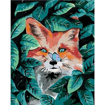 Malování podle čísel - Červená liška a zelené lístky, 40x50 cm, bez rámu a bez vypnutí plátna