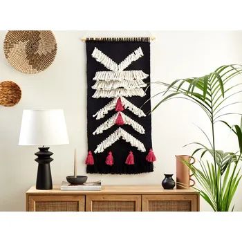Závěs na stěnu Černobílá bavlna ručně tkaná se střapci Geometrický vzor Dekorace na stěnu Závěsná Boho styl Obývací pokoj Ložnice Beliani