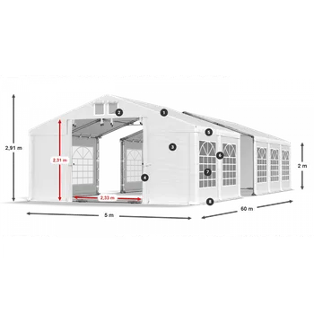 Zahradní stan Párty stan 5x60x2m střecha PVC 560g/m2 boky PVC 500g/m2 konstrukce LÉTO PLUS Zelená Bílá Červená