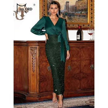 Dámské šaty Večerní saténové šaty s výstřihem do V a filtrovanou sukní Barva: Zelená, Velikost: L