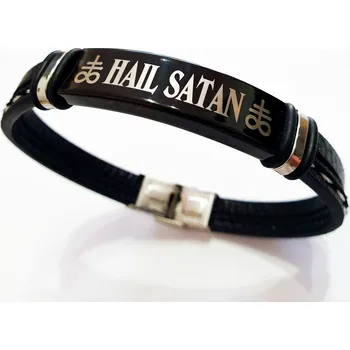 Vojenské psí známky Náramek - Hail Satan - pravá kůže